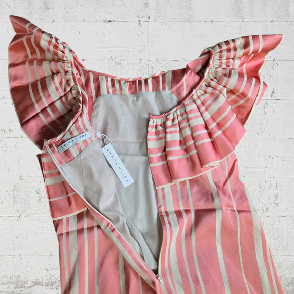 Trina Turk Pink White Striped Ruffle Neck Sleeveless Straight Mini Dress Size 10 - Picture 8 of 10